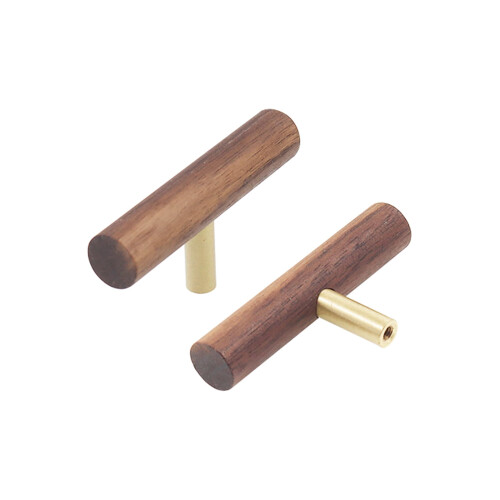 Wood Cabinet Knobs Black Walnut Drawer Pulls with Brass Base, Smooth Grip Minimalist Design 70mm 2
