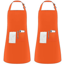 (Orange) 2 Pack Unisex Adjustable Bib Apron With 2 Pockets Cooking Kitchen Aprons
