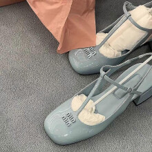 (41, Haze Blue) 2024 Summer Fashion Temperament Versatile Patent Leather Mary Jane Women's Shoes Shallow Mouth High Heel Shoes