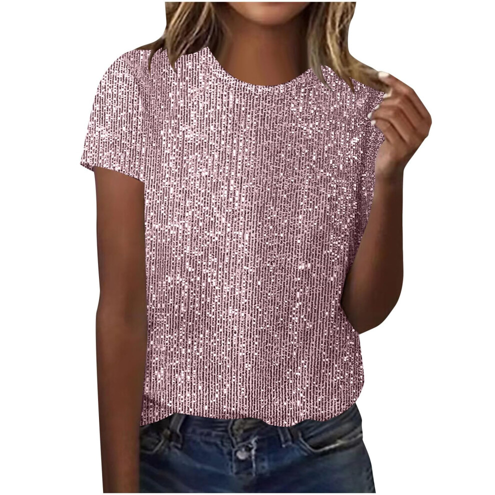 Tops Solid Color for Women Glitter Short Sleeve Shirts-Pink XXL