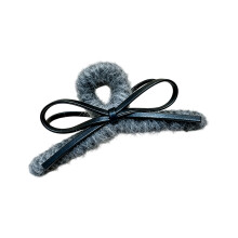 Stylish Bows Design Hair Clip Plush And Leather-Light Grey