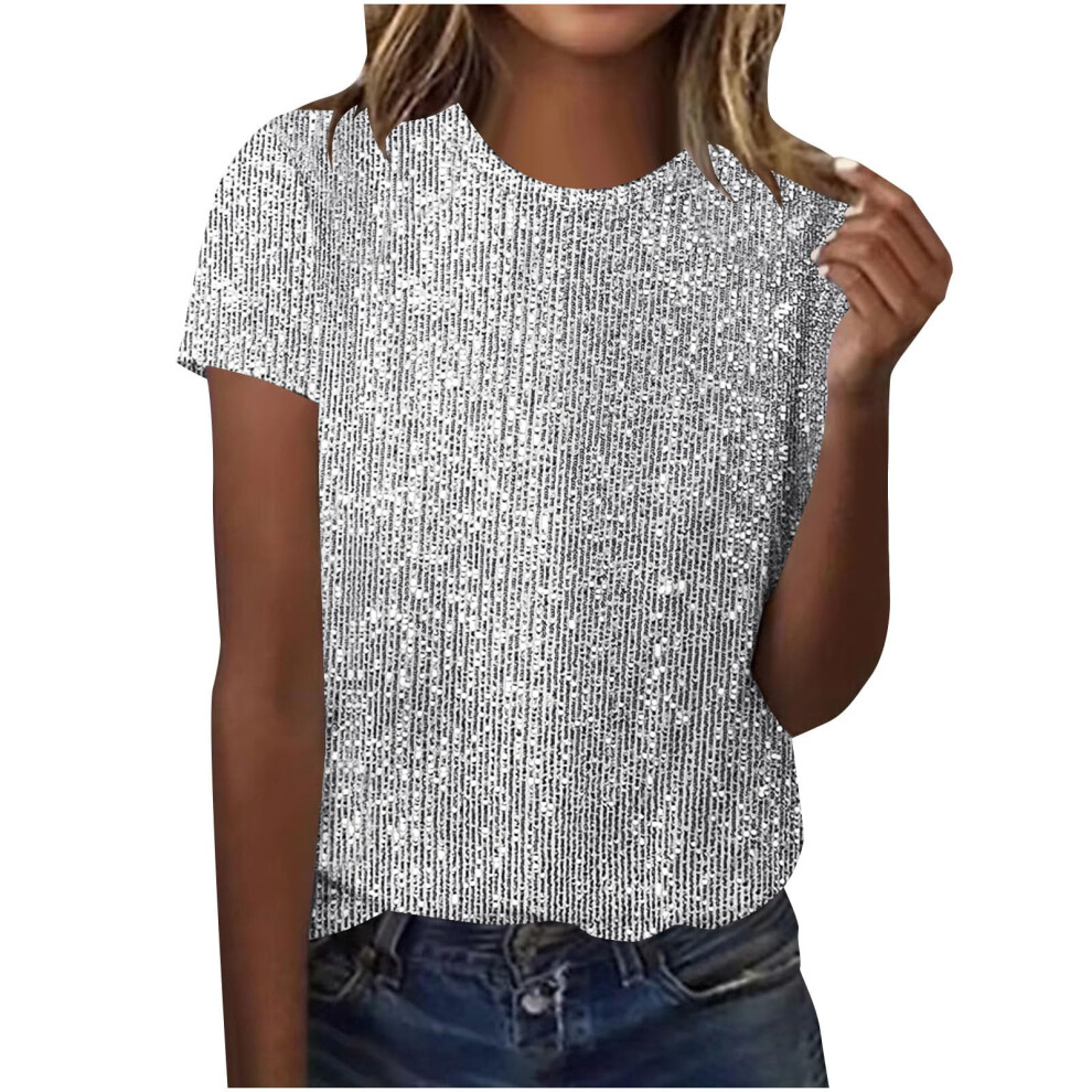 Tops Solid Color for Women Glitter Short Sleeve Shirts-White XL