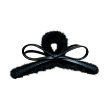 Autumn Winter Hair Clip Features Soft Plush And Leather-Black