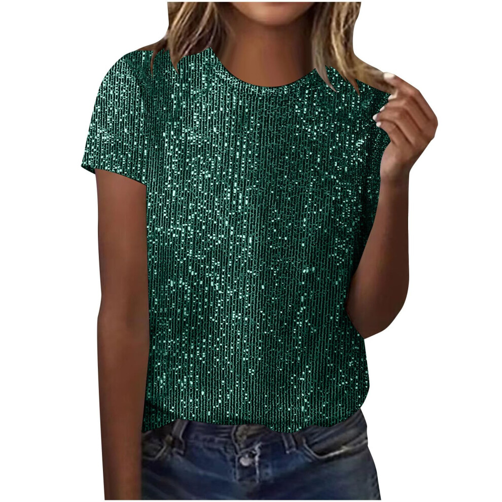 Tops Solid Color for Women Glitter Short Sleeve Shirts-Green M