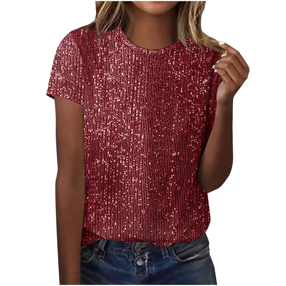 Tops Solid Color for Women Glitter Short Sleeve-Burgundy M