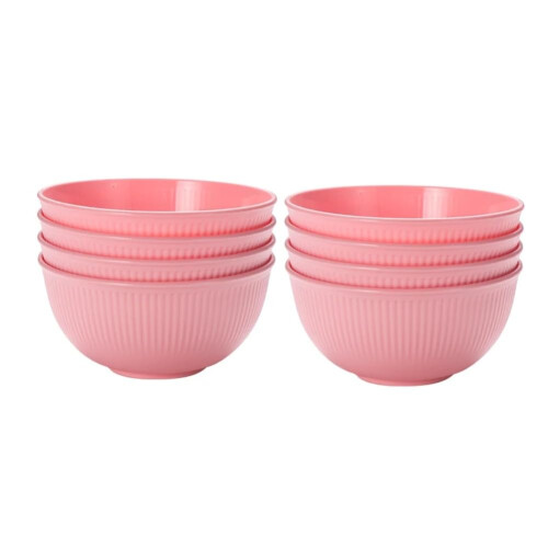 8 Pack Pink Plastic Rice Bowls Set – Reusable Unbreakable Stackable Bowls for Camping and Home Use