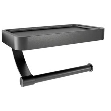 Adhesive Toilet Paper Holder No Drilling, Bathroom Shelf with Towel Bar, Rustproof Grey Aluminum Organizer