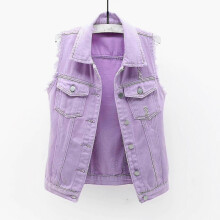 (M, Purple) Women Spring And Autumn Coats Solid Sleeveless Denim Jacket Outerwear