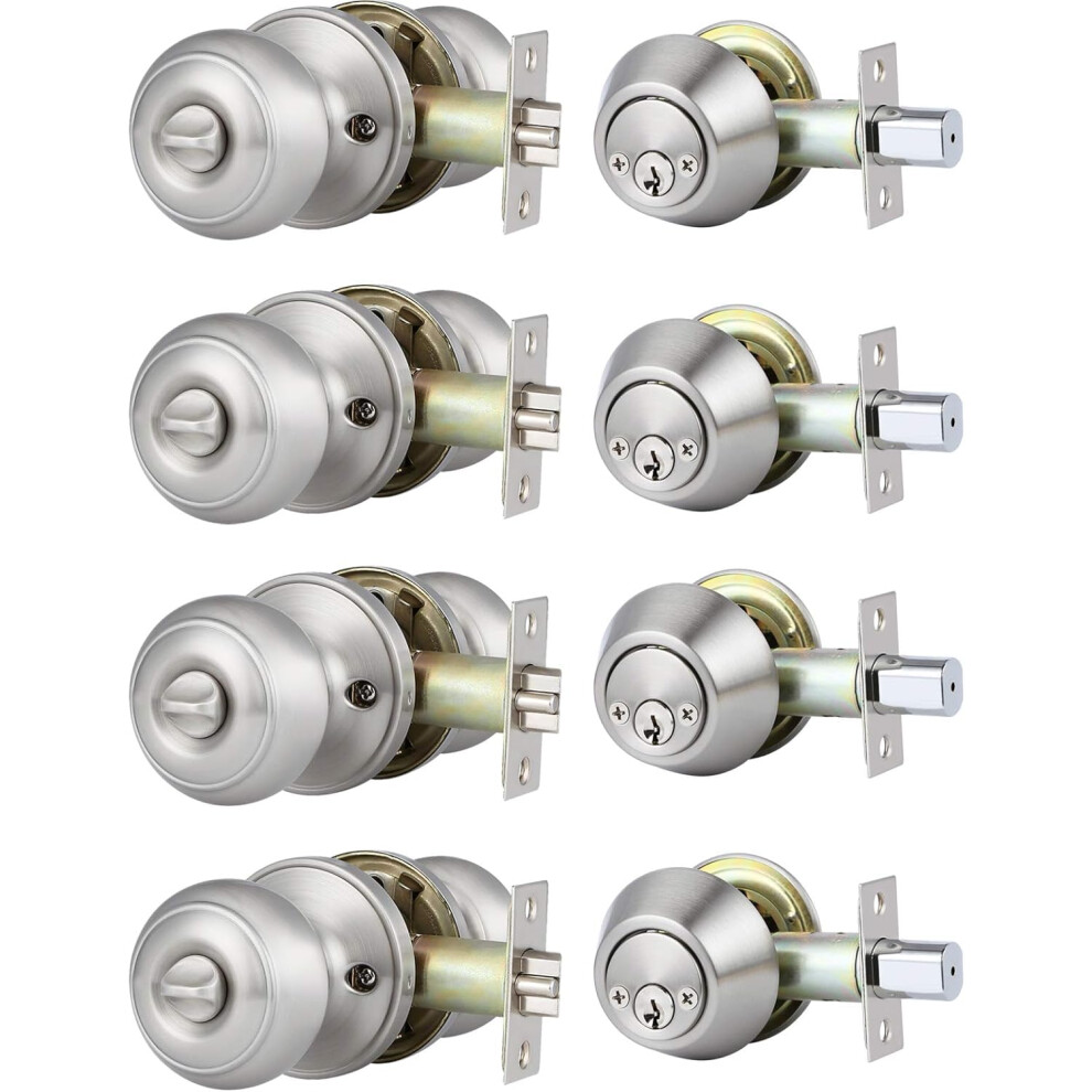 4 Pack Satin Nickel Door Knob And Deadbolt Set Keyed Alike, Double Lock Security For Front Door 9330225389644