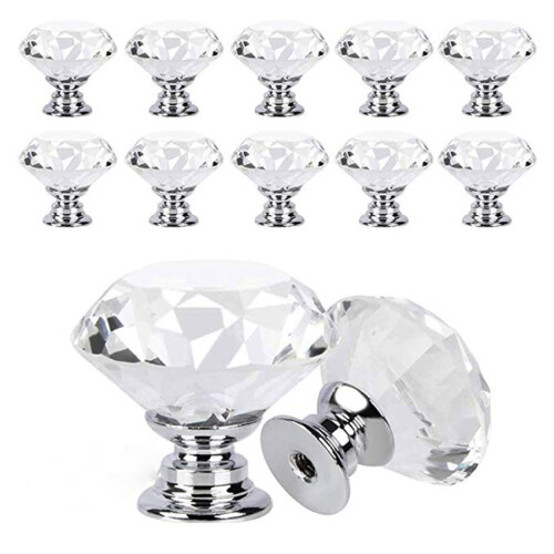 Crystal Cabinet Knobs 10 Pack Diamond Design Glass Drawer Pulls with Durable Zinc Alloy Base Transparent