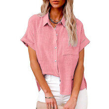 (2XL, Pink) Womens solid color casual loose shirts new summer vintage womens oversized shirts and blouses fashion elegant youth women tops