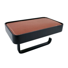 Luxury Toilet Paper Holder with Anti‑Slip Phone Shelf, Wall Mounted Bathroom Accessory, Chrome Black Cowhide Design