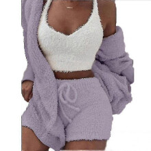 (2XL) Ladies Plush Vest Jacket Shorts 3 Piece Plush Pajama Set Casual Homewear Set