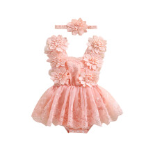 (3-6 Months, Pink) Conjunto de verão para bebê menina, com body bordado floral e faixa de cabelo com laço.