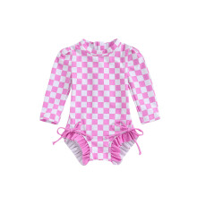 (2-3Y, Pink) Maiô infantil de praia, estilo biquíni, com mangas compridas, estampa xadrez e babados.