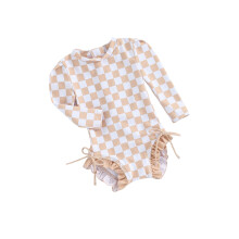 (18-24 Months, Khaki) Maiô infantil de praia, estilo biquíni, com mangas compridas, estampa xadrez e babados.