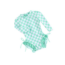 (12-18 Months, Green) Maiô infantil de praia, estilo biquíni, com mangas compridas, estampa xadrez e babados.