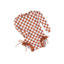 (12-18 Months, Brown) Maiô infantil de praia, estilo biquíni, com mangas compridas, estampa xadrez e babados.