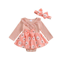 (3-6 Months, Pink) Dievčenské overaly s potlačou, čipkovaným lemom a dlhým rukávom, roztomilá čelenka.