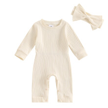 (newborn, Beige) Ensemble 2 pièces pour bébé fille, combinaison à manches longues et bandeau, vêtements nouveau-né