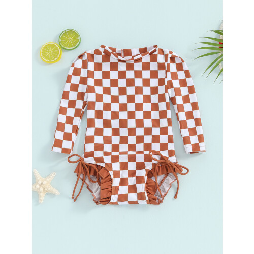 (12-18 Months, Brown) Mädchen Bikini Strandbademode Langärmliger karierter Jumpsuit mit Rüschen 1