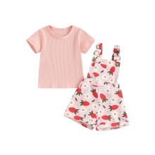 (12-18 Months, Pink) Ensemble d'été 2 pièces fille : haut côtelé manche courte et salopette short fleuri.