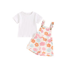 (2-3 Years, White) Ensemble d'été 2 pièces fille : haut côtelé manche courte et salopette short fleuri.