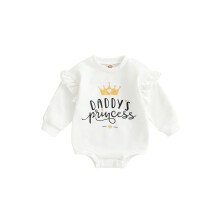 (12-18 Months, White) Combinaison-sweat bébé fille, imprimée lettres et couronnes, volants, manches longues, idéale automne hiver.