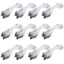 (Silver) 12 Pcs Artificial Christmas Tree Bird with Clip Simulation Feather Foam Birds Xmas Ornament DIY Craft for Party Home Garden-14cm