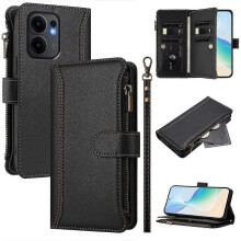 (Black, Multicolor) For Oppo Reno13 F 5G Leather Case 9 Card Slots Zipper Wallet Stand Phone Cover with Wrist Strap