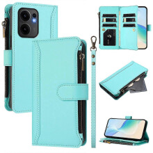 (Mint Green, Multicolor) For Oppo Reno13 F 5G Leather Case 9 Card Slots Zipper Wallet Stand Phone Cover with Wrist Strap