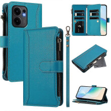(Lake Blue, Multicolor) For Oppo Reno13 F 5G Leather Case 9 Card Slots Zipper Wallet Stand Phone Cover with Wrist Strap