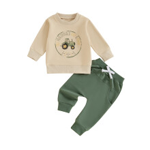 (6-12 Months, Apricot) Ensemble automnal 2 pièces garçon : sweat-shirt tracteur et pantalon élastique avec poches.