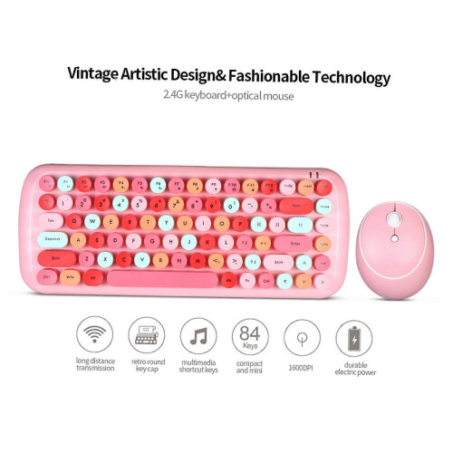 (Milk tea) 2.4G Wireless Keyboard and Mouse Set with Round Keycaps PC Keyboard and Mouse 1