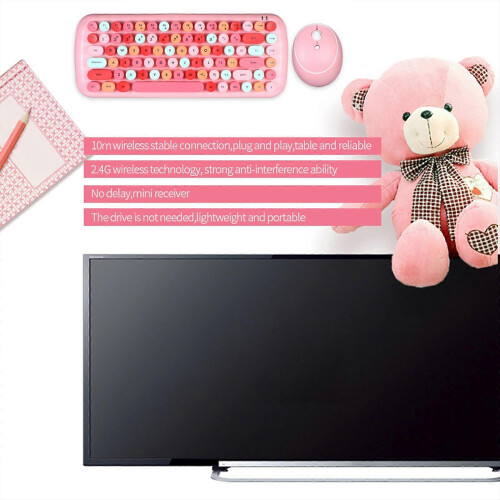 (Pink) 2.4G Wireless Keyboard and Mouse Set with Round Keycaps PC Keyboard and Mouse 2
