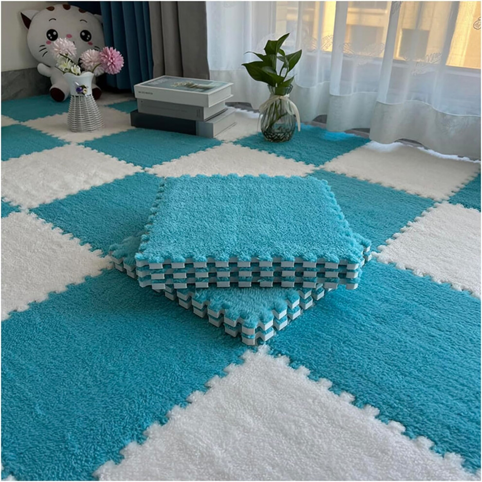 Soft Interlocking Foam Floor Mats 12X12, Thick Plush Nonslip Eva Puzzle Tiles For Bedroom And Playroom, Set Of 12 Blue/White