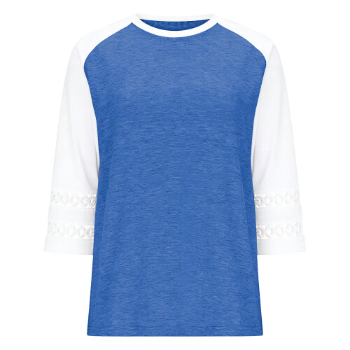 Womens Lace Patchwork 3/4 Sleeve Tops Trendy-Light  Blue L 1