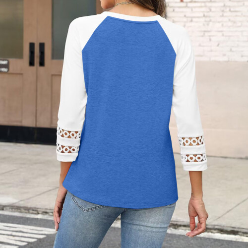 Womens Lace Patchwork 3/4 Sleeve Tops Trendy-Light  Blue L 2