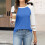 Womens Lace Patchwork 3/4 Sleeve Tops Trendy-Light  Blue L 6