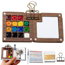 Portable Watercolor Paint Set 15 Grid Mini Wooden Palette with Pocket Size Design for Travel Painting