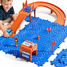 Race Track Toys for Kids 31pcs TwoTier Modular Puzzle Car Track with Road Signs Educational Gift