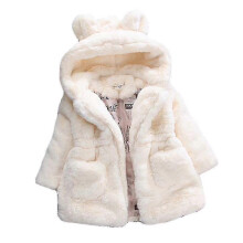 (7-8 Years, White) Kid Girl Fluffy Faux Fur Hooded Coat Fleece Jacket Winter Warm Outwear