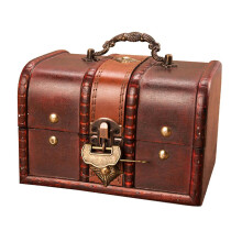 (L) Antique Vintage Wooden Treasure Chest Decorative Wood Jewelry Storage Trunk Box with Metal Lock for Pirate Keepsake