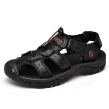 (39, black) Summer men's sandals with top layer of cowhide leather beach shoes men's outdoor non-slip soft-soled shoes
