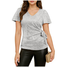 Women's sequined top, shimmering ruffled sleeve blouse,-Gray S