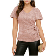 Women's sequined top, shimmering ruffled sleeve blouse,-Pink M