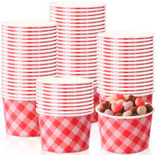 50 Pack 9oz Valentine's Day Paper Cups Pink Gingham Disposable Ice Cream Bowls for Hot and Cold Party Desserts