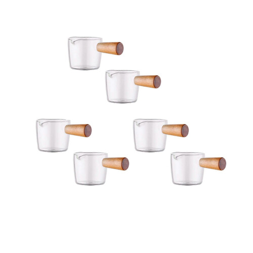 6er-Set transparente Glas-Milchkännchen mit Holzgriff, Mini-Kaffeemilchkännchen. 100 ml