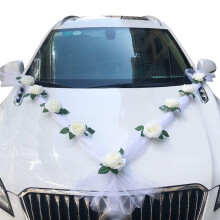 Wedding Car Decoration with Artificial Flowers and White Ribbon, Elegant Floral Design for Reusable Wedding Decor