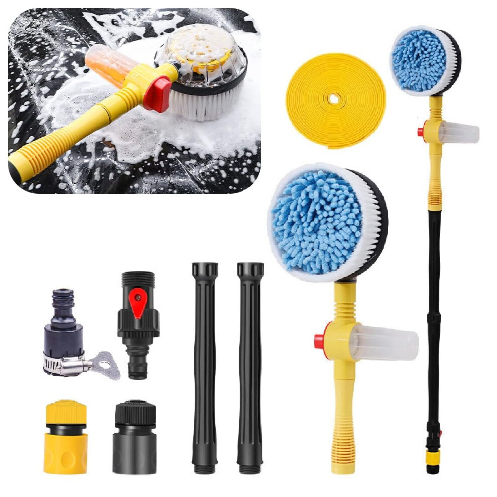 Rotating Car Wash Brush 360 Auto Spin Cleaner With Detachable Handle, Soft Chenille, Soap Dispenser, Universal For Cars (Brush + 5M Hose) Yellow 9771547920595